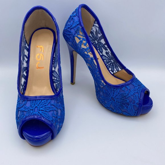 FSJ Blue Lace Satin Peep Toe Bridal Heels Platform - Picture 2 of 9